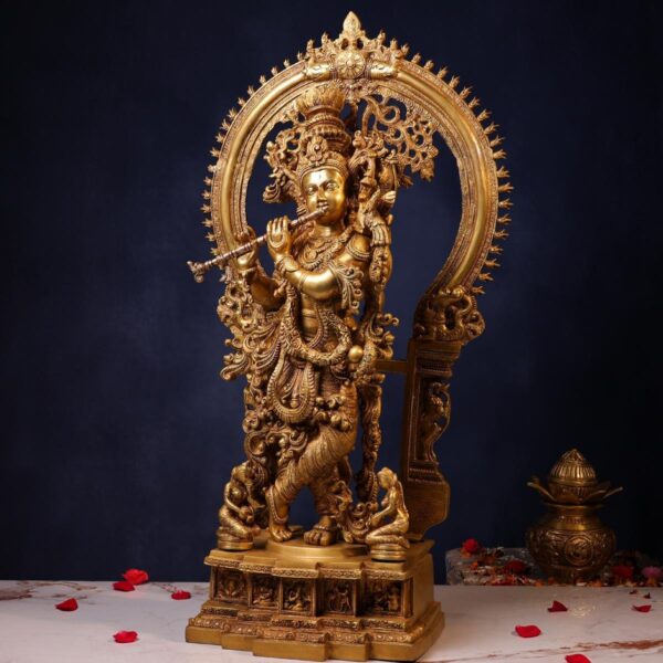 Large Size Brass Krishna Idol Playing Flute – 32 Inches | Divine & Majestic Statue