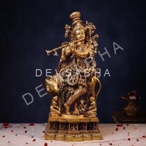 Brass Lord Krishna Idol with Kamdhenu – 27 Inches | Divine & Auspicious Statue
