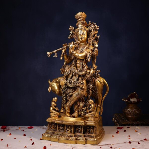 Brass Lord Krishna Idol with Kamdhenu – 27 Inches | Divine & Auspicious Statue