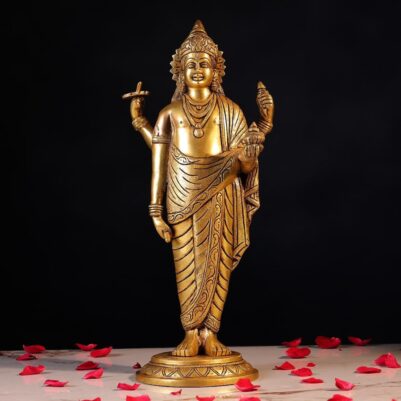 Intricate details adorn the Dhanvantri statue's flowing robes, showcasing elegant craftsmanship in brass.
