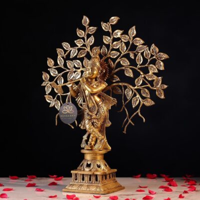 Brass Krishna Idol with Tree – 21 Inches