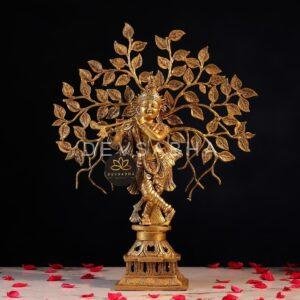 Brass Krishna Idol with Tree – 21 Inches