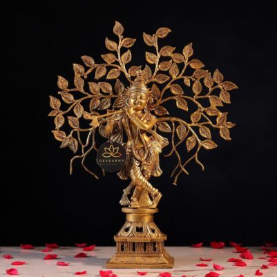 Brass Krishna Idol with Tree – 21 Inches