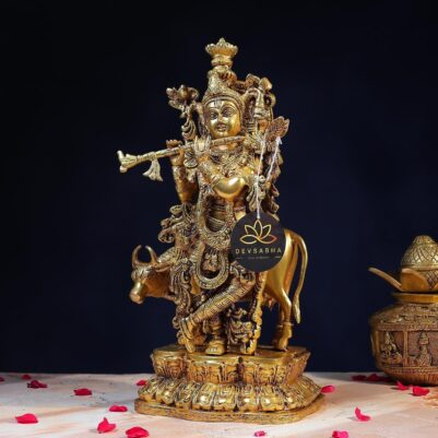 Brass Krishna Idol with Kamadhenu – 16.5 Inches