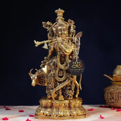 Brass Krishna Idol with Kamadhenu – 16.5 Inches