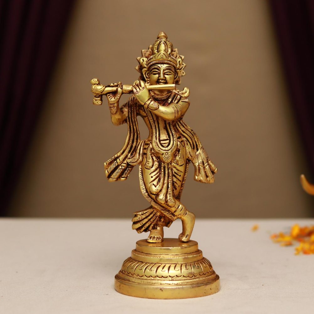 brass krishna playing flute