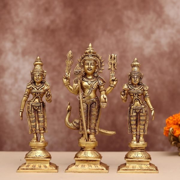brass murugan idol with devasena and valli