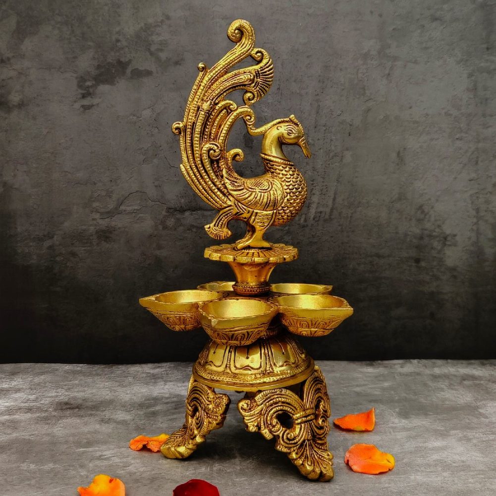 brass five petal peacock diya height 13 inch