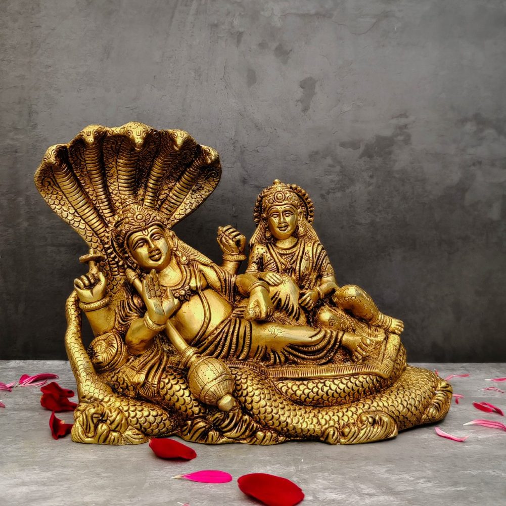 brass vishnu laxmi on shesnag height 9.5 inch