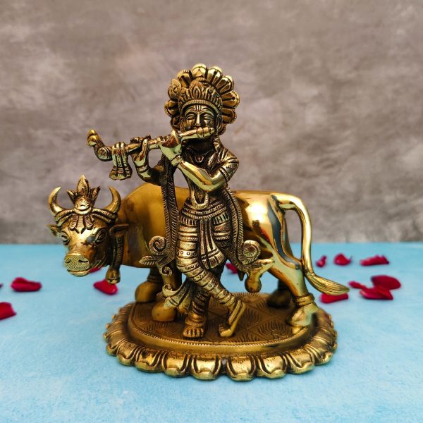 brass krishna idol with cow height 6.5 inch