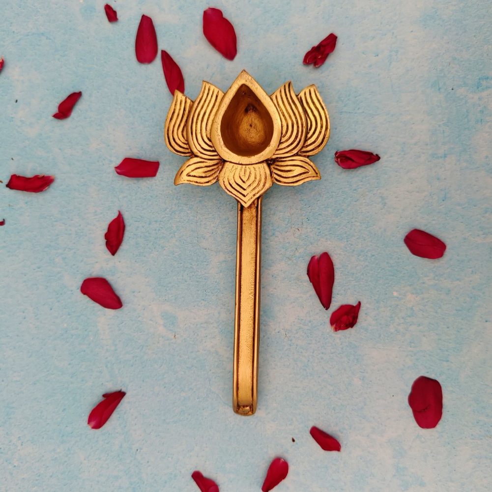 super fine brass lotus diya with handle