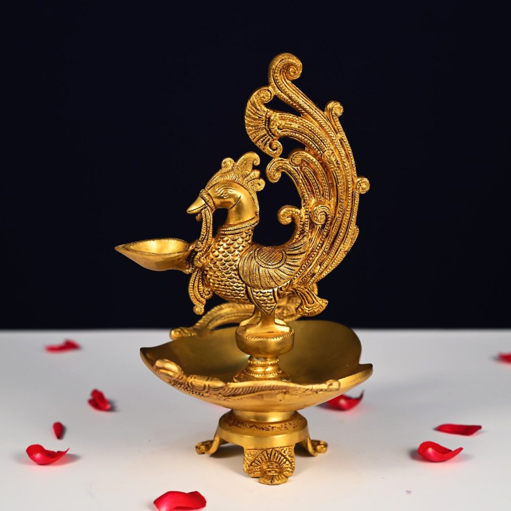 brass urli with peacock diya height 11 inch