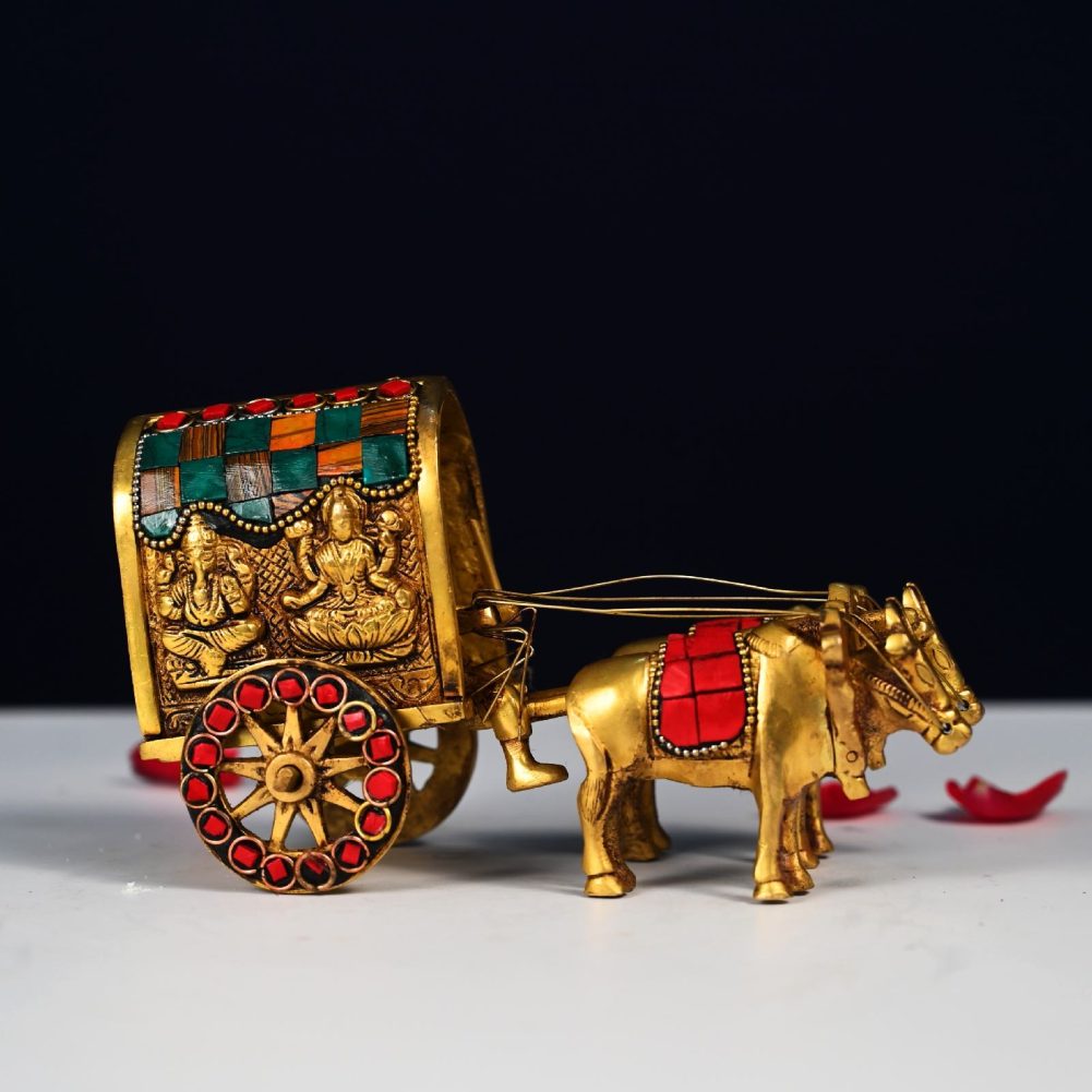 brass stone bullock cart with laxmi ganesh height 4 inch