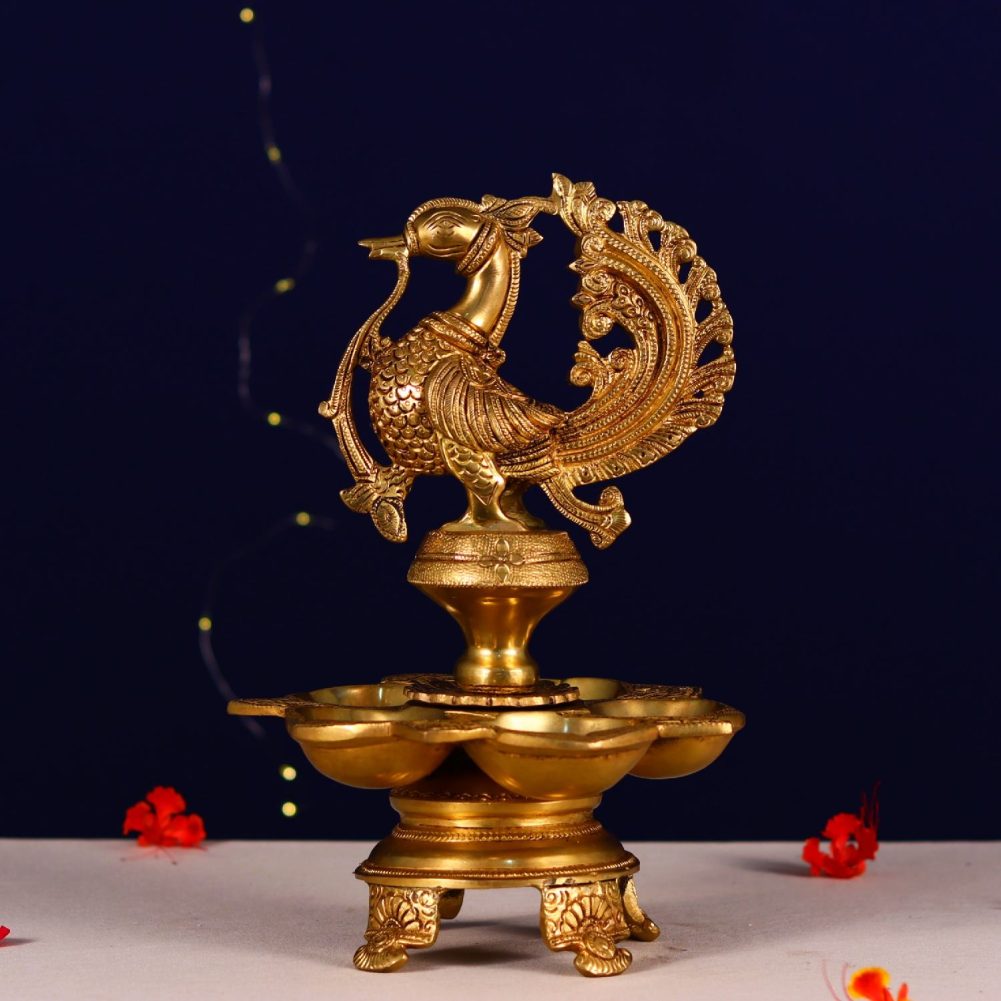 brass five petal peacock diya height 11.5 inch