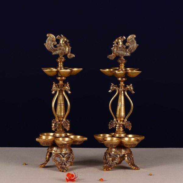 brass ten petal peacock diya pair6 6 height 16 inch