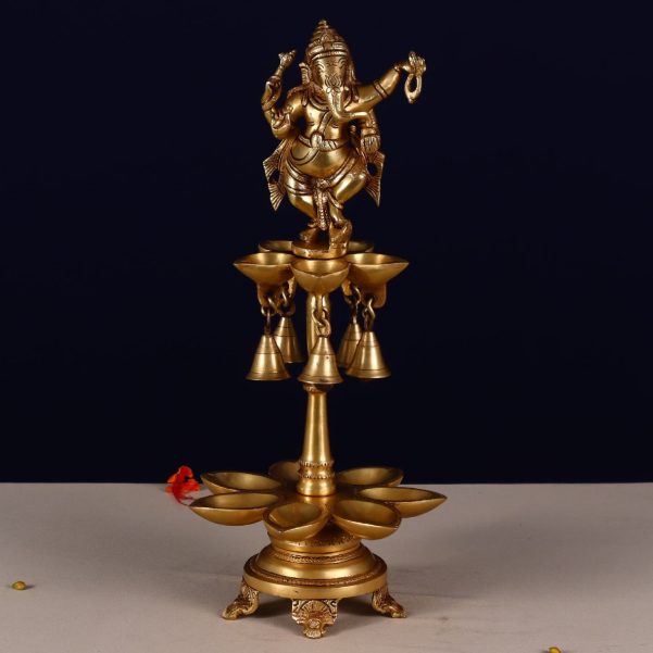 brass dancing ganesh deepak with bell height 17 inch