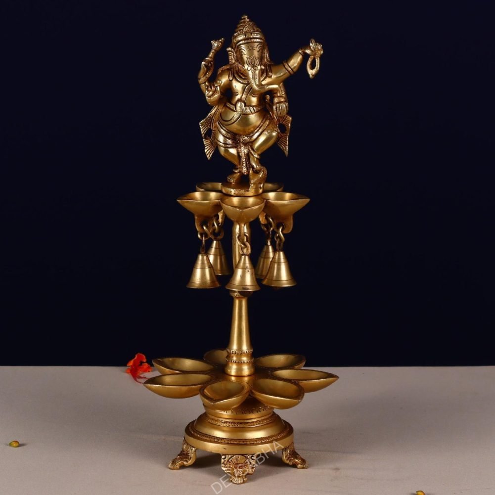 brass dancing ganesh deepak with bell height 17 inch