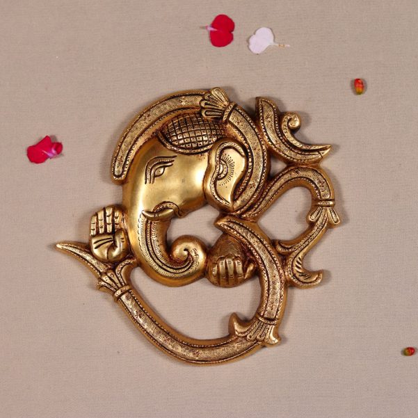 wall hanging brass ganesha with omm height 8.5 inch