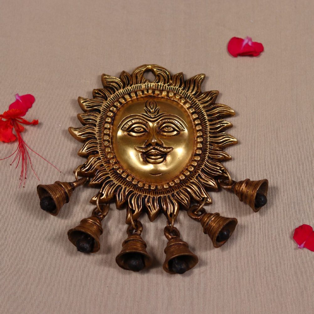 wall hanging brass sun face with bell height 7.5 inch