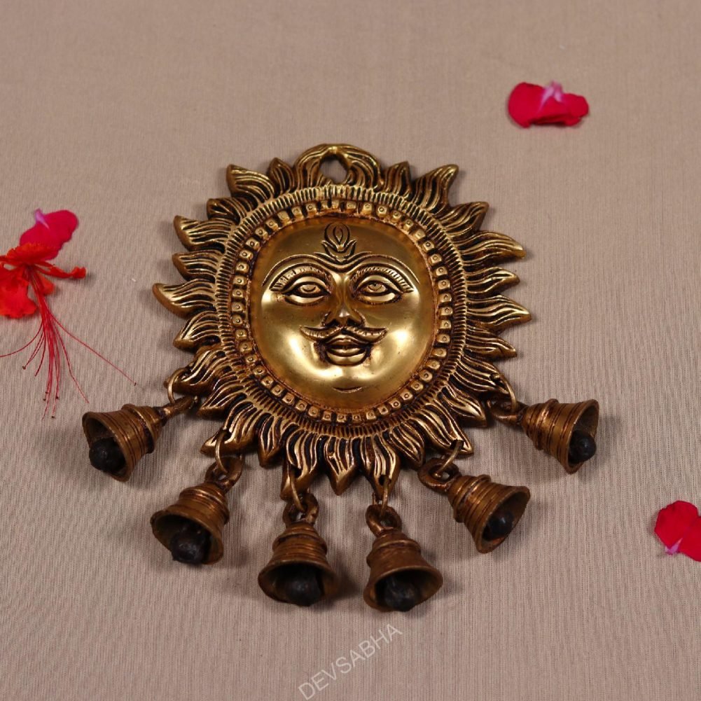 wall hanging brass sun face with bell height 7.5 inch