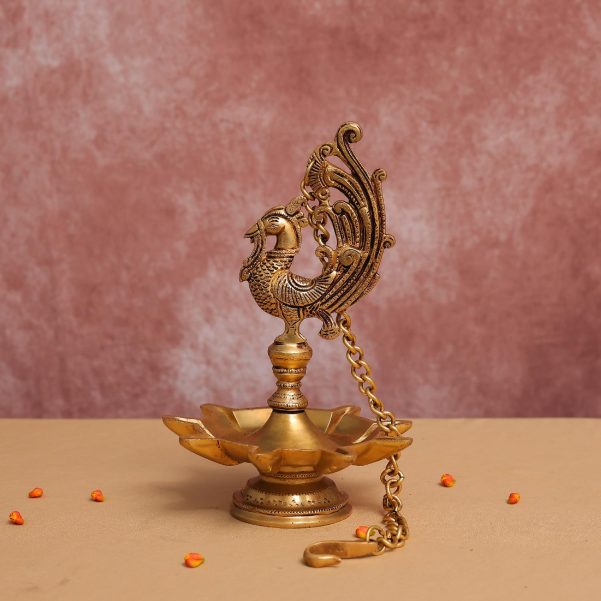 brass peacock nine petal handing diya