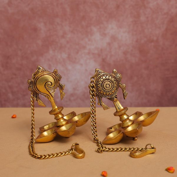 brass sankha chakra hanging diya