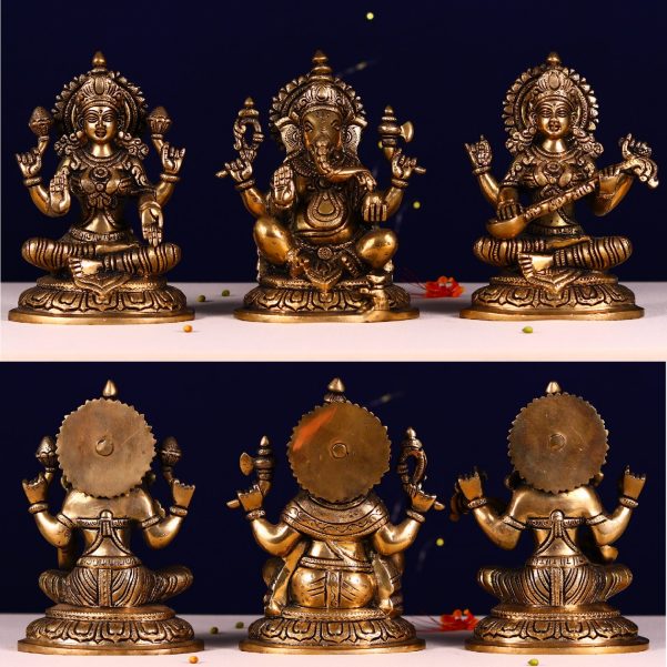 antique brass ganesha lakshmi saraswati set height 8 inch